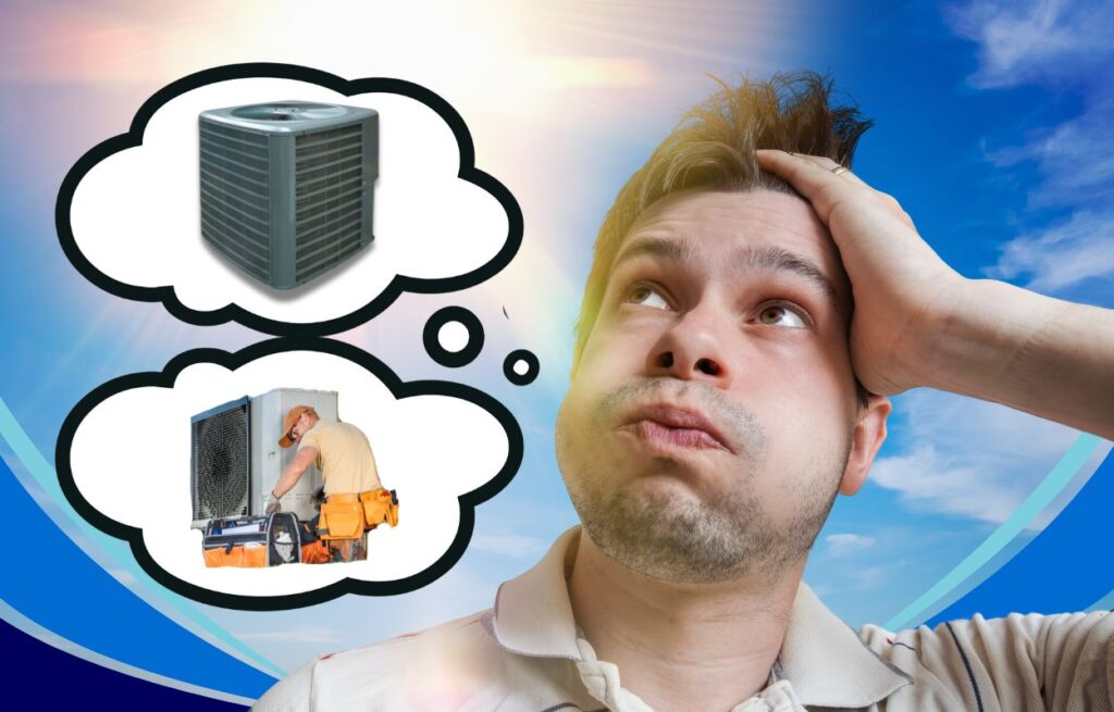 This is an image of a man thinking about a new air conditioner or repairing the old one
