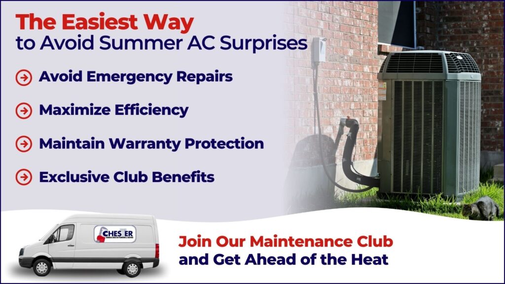This is an image of an AC unit. The headline reads; The easiest way to avoid summer AC surprises.
