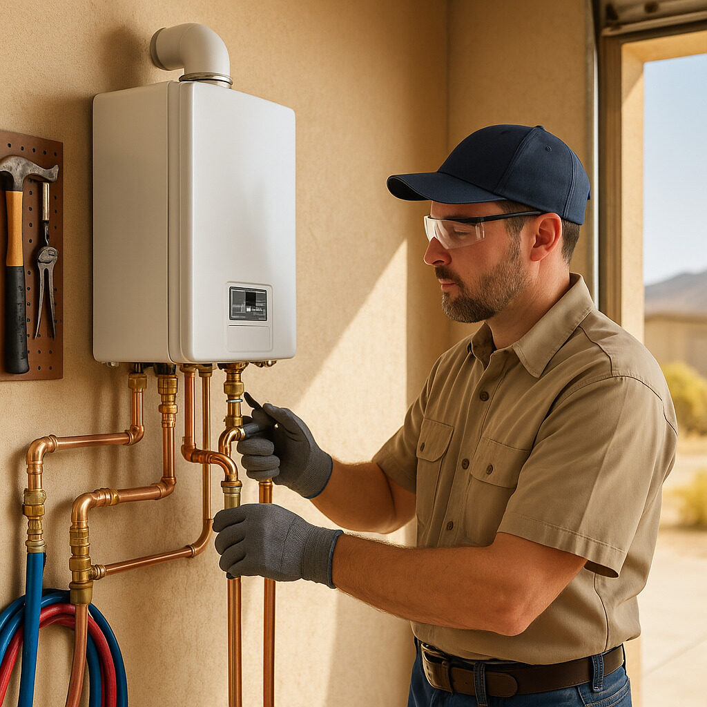 plumber installing wall-mounted tankless water heater in garage