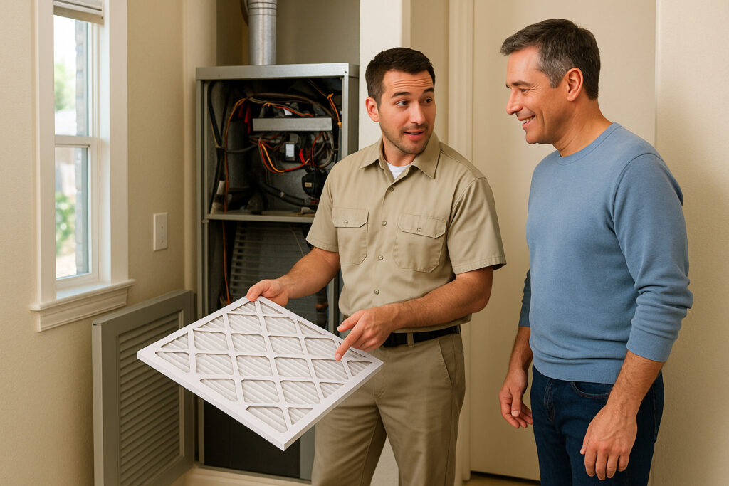 technician showing clean AC filter to homeowner during maintenance visit