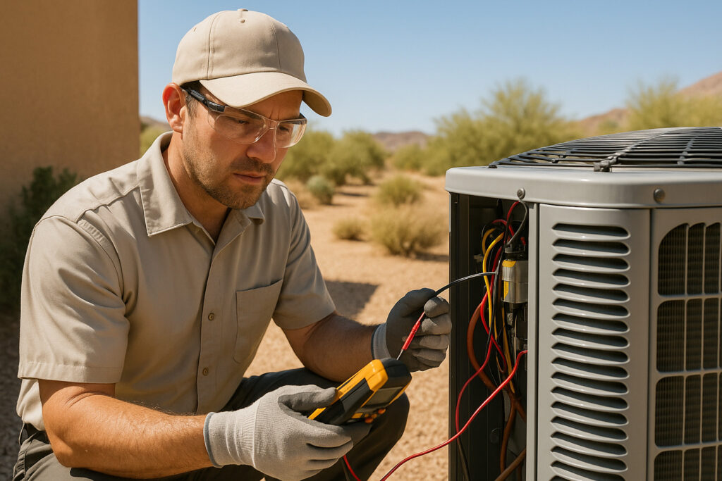 HVAC technician using multimeter on outdoor AC during Elko heatwave