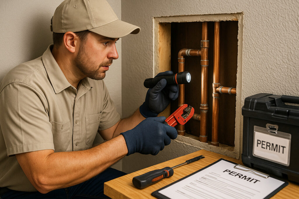 plumber repairing copper piping behind access panel with tools