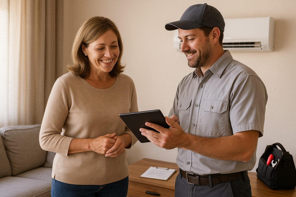 homeowner reviewing AC repair diagnosis with technician in Elko