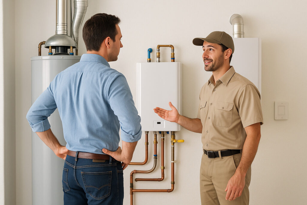homeowner comparing tank and tankless water heaters with technician