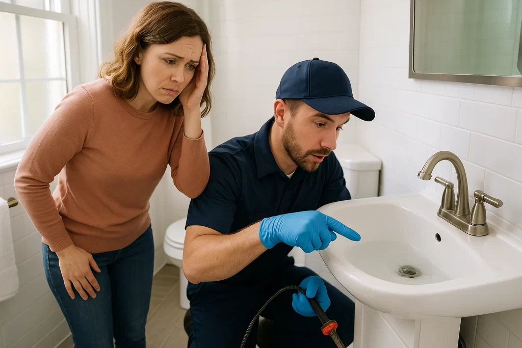 Plumber cleaning clogged sink drain with homeowner observing slow drainage