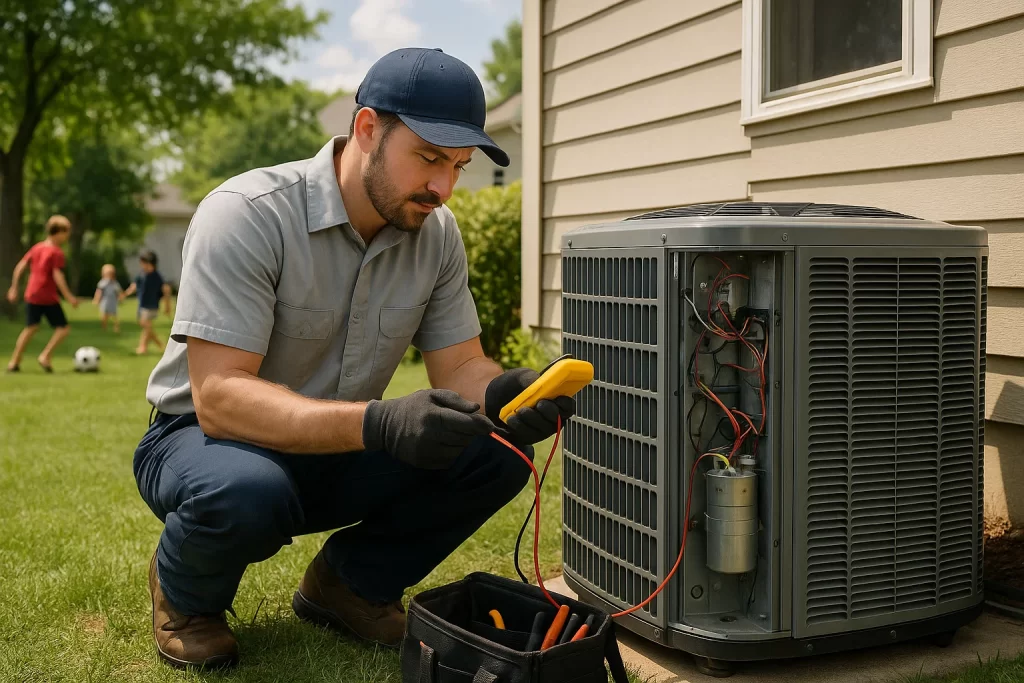 Technician diagnosing outdoor AC unit with multimeter during summer maintenance
