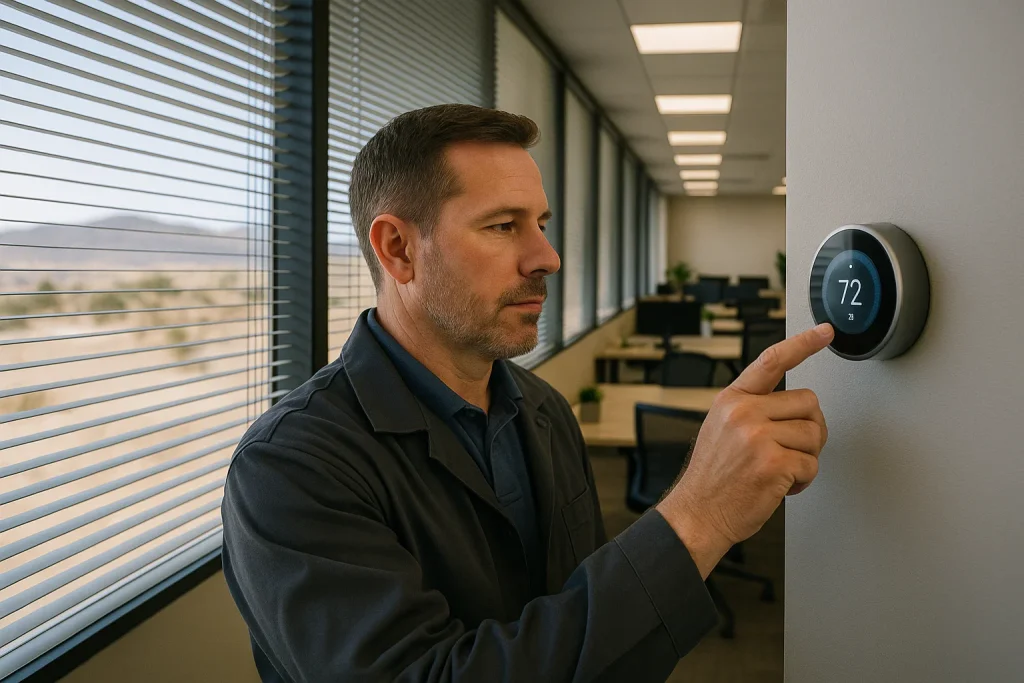 Facility manager adjusts smart thermostat inside Nevada office