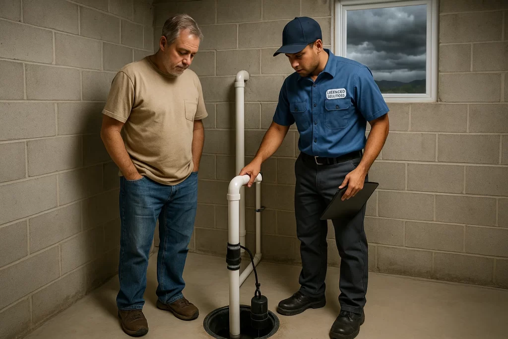 Homeowner and plumber inspect sump pump before monsoon rain in Nevada
