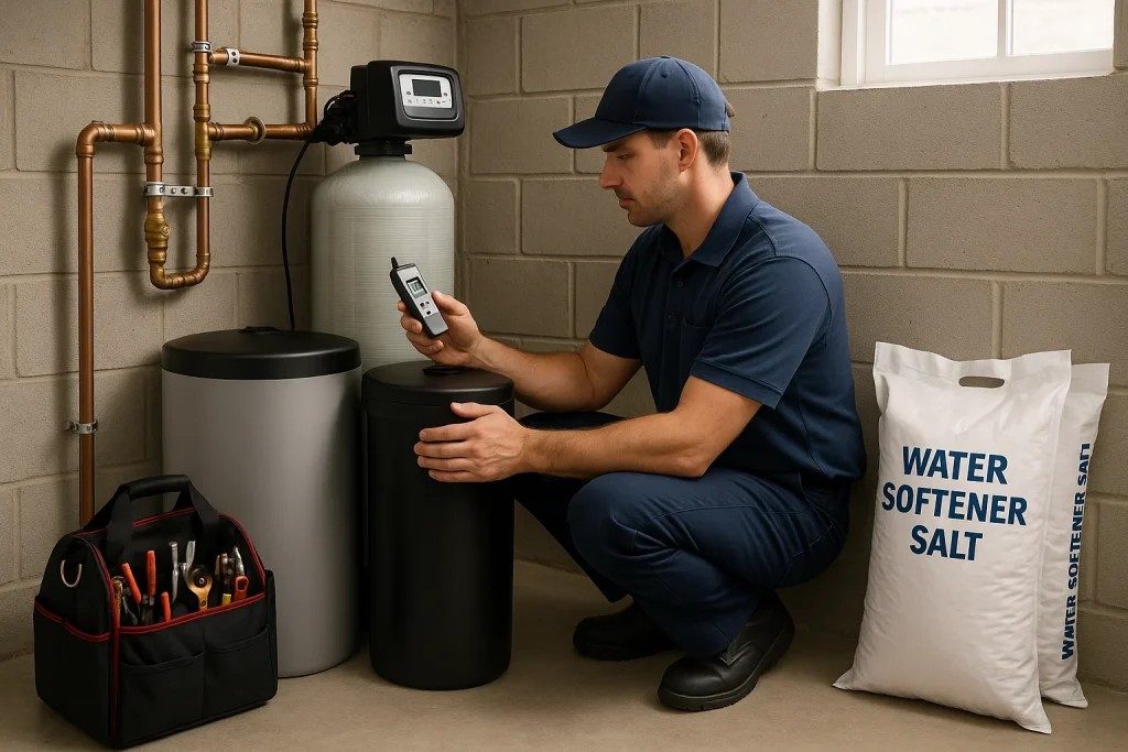 Plumbing technician tests water softener system with digital meter in clean basement installation