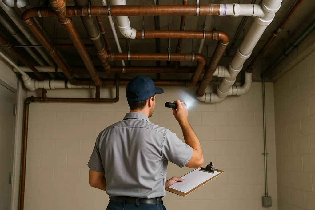 Plumber inspecting commercial piping for leaks and corrosion in Nevada business