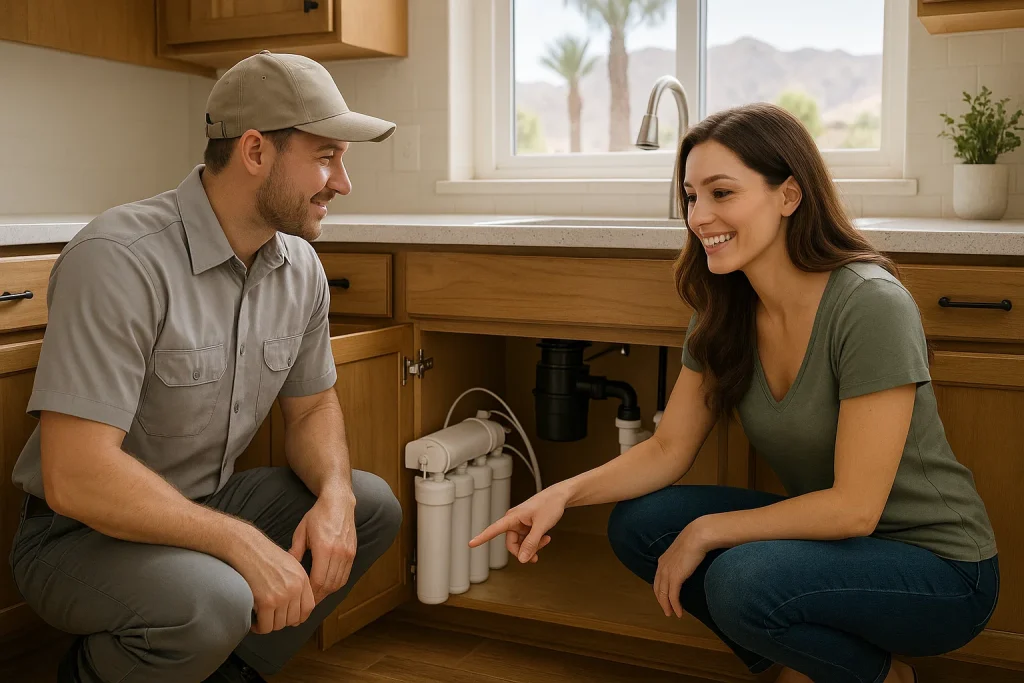 Homeowner and technician review new under-sink water filtration system in Nevada kitchen