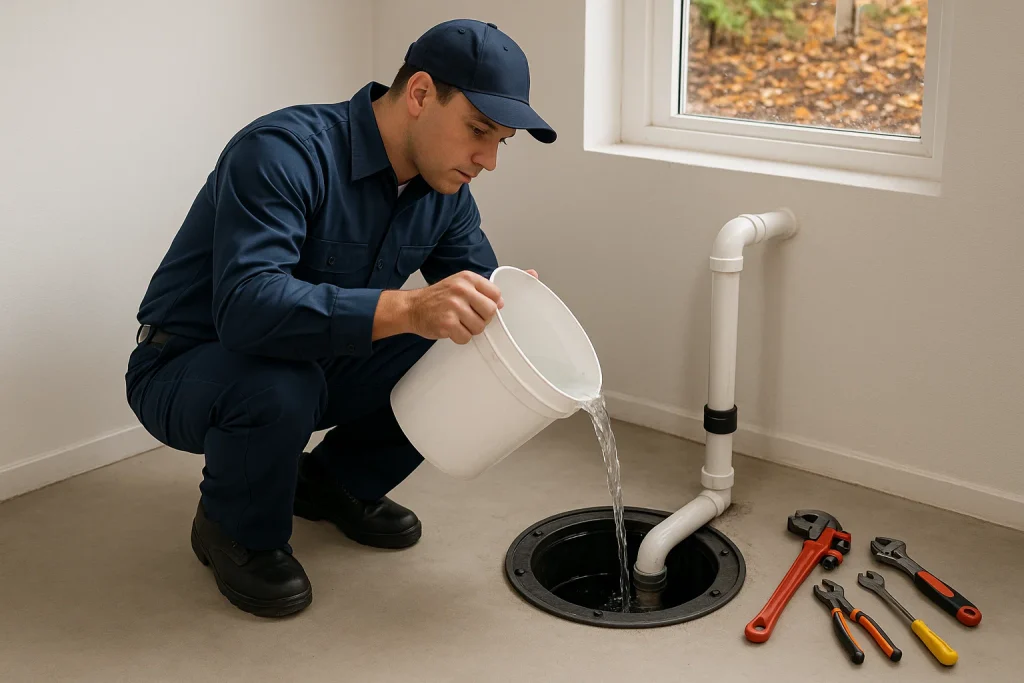 plumber testing sump pump with water bucket in basement during fall