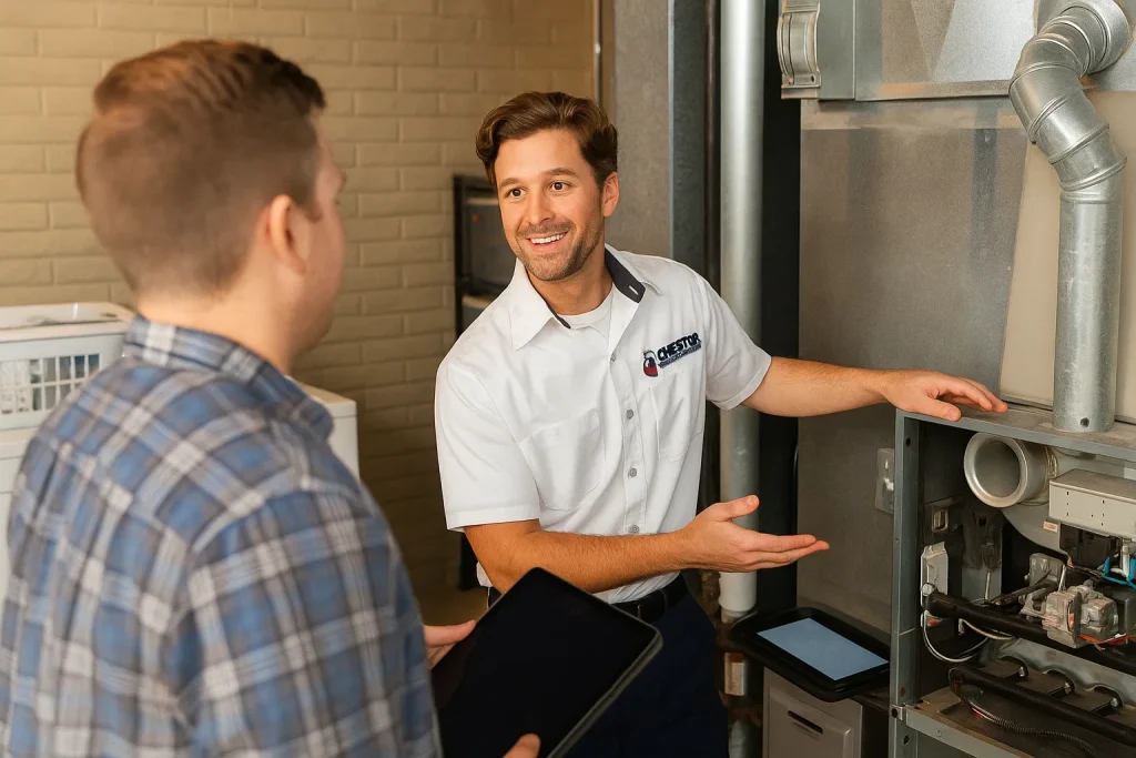 A Chester HVAC tech discussing furnace maintenance with a homeowner in Elko.
