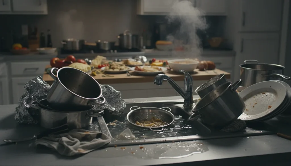 Kitchen sink with slow drain and pooled water during Thanksgiving prep