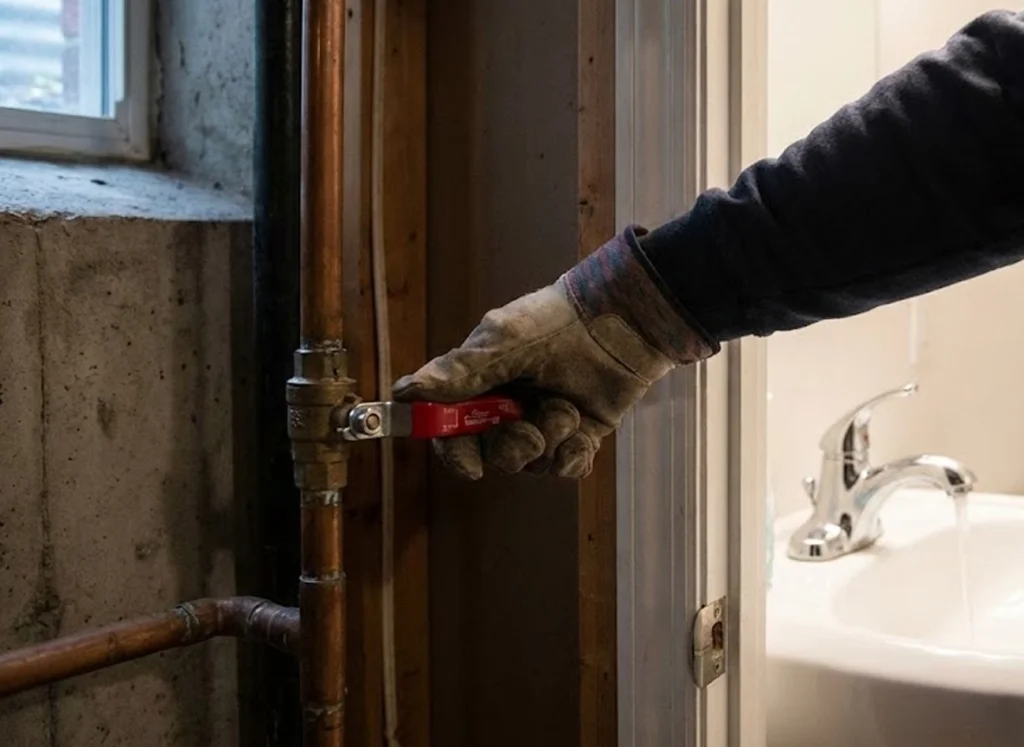 Turning off main water supply and draining faucet during frozen pipe emergency