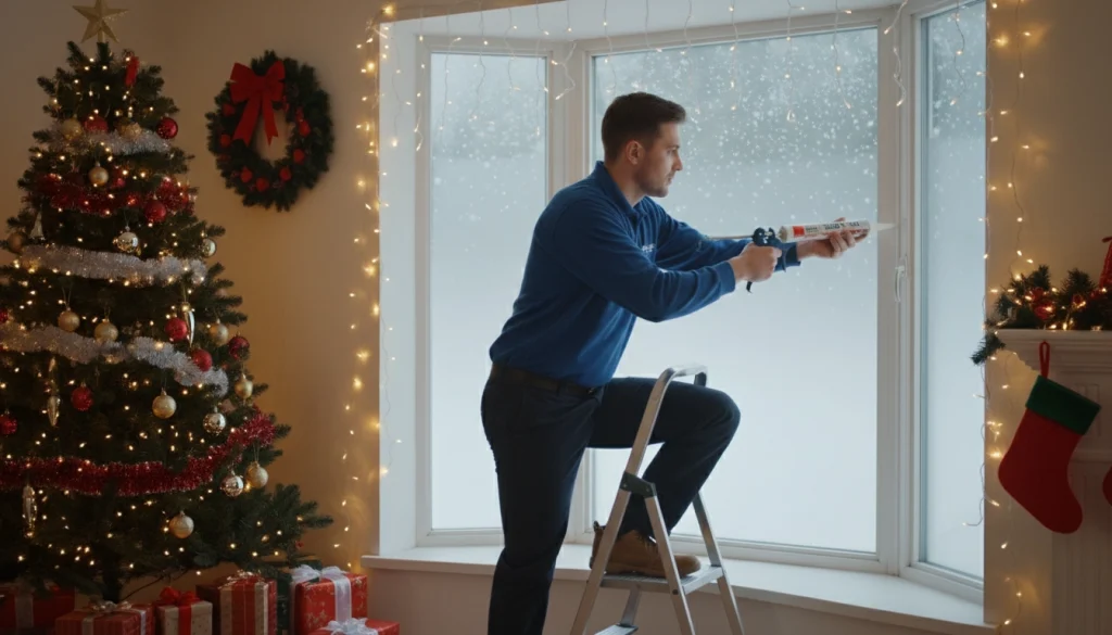 An HVAC technician caulking a window.