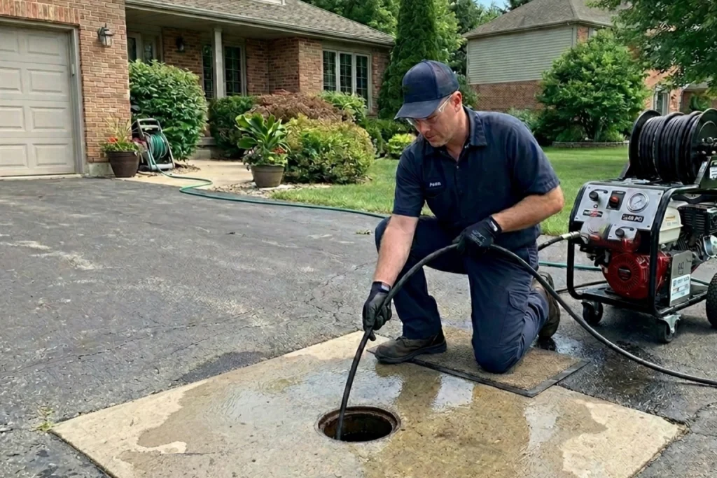 Plumber performing professional hydro-jetting service