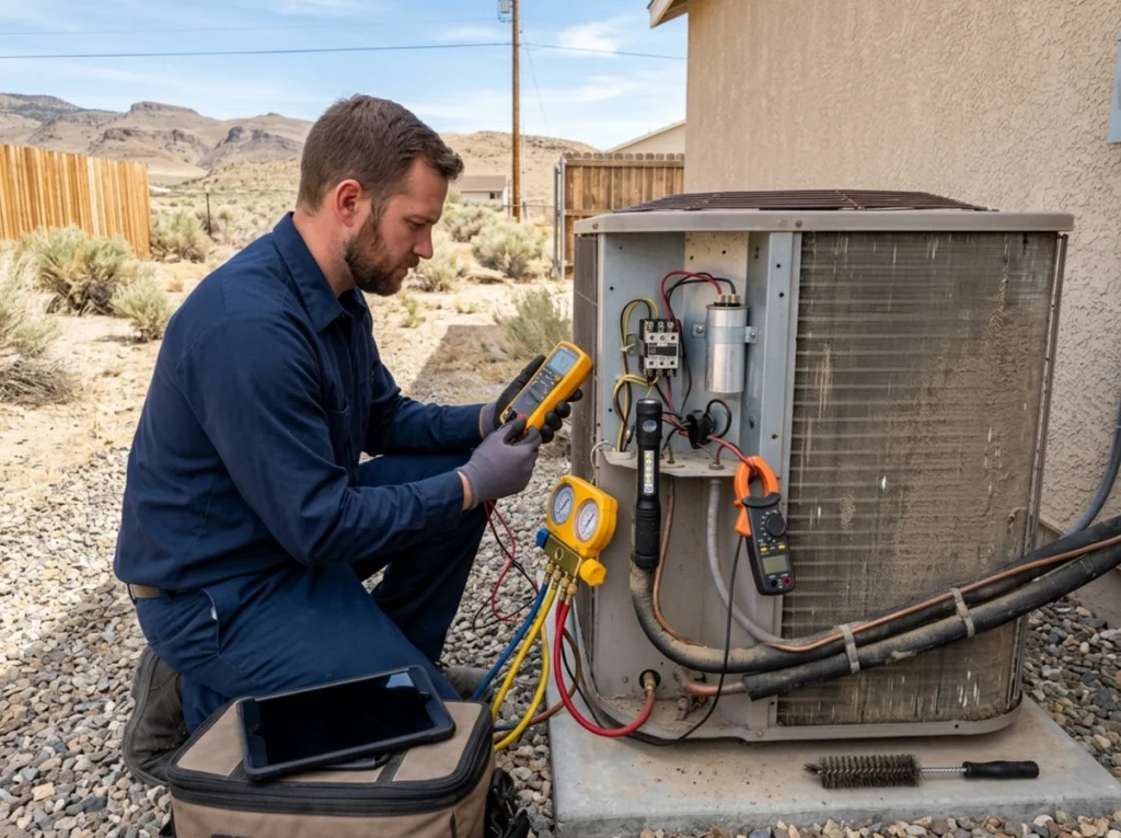 HVAC technician diagnosing dusty condenser and capacitor issue