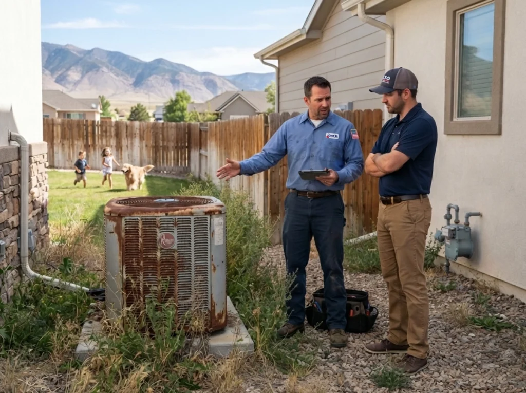 HVAC technicians evaluating an aging air conditioner for replacement in Elko Nevada