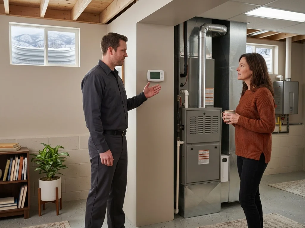 Elko homeowner discussing heating replacement options with HVAC technician
